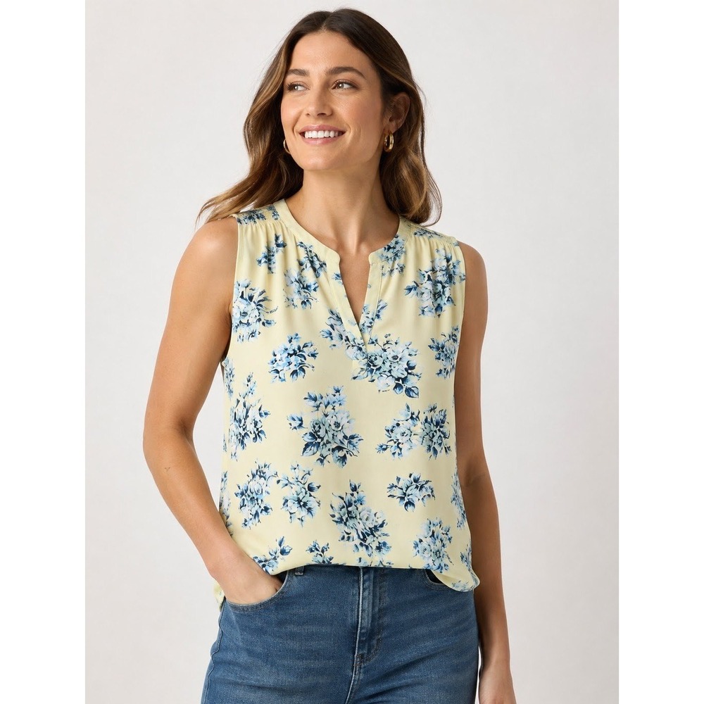 LOFT Womens Tank NWT Top Medium Yellow Blue Floral Sleeveless Smocked V-Neck